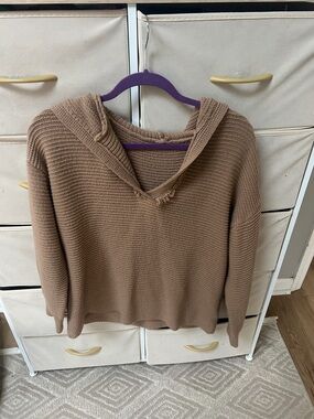 SHEIN Brown Hooded Ribbed Knit Sweater